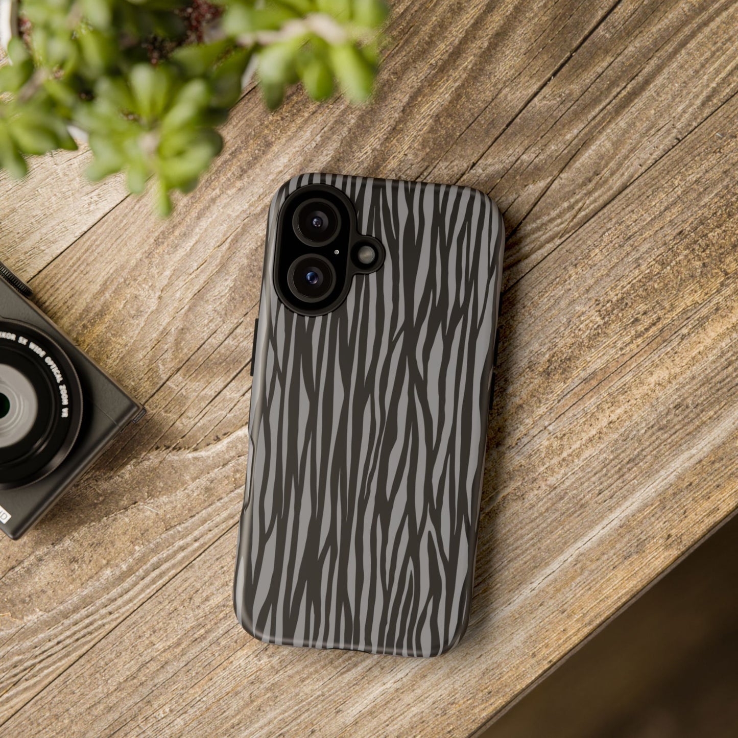 Stylish Tough Phone Case - Black and Gray Striped Design