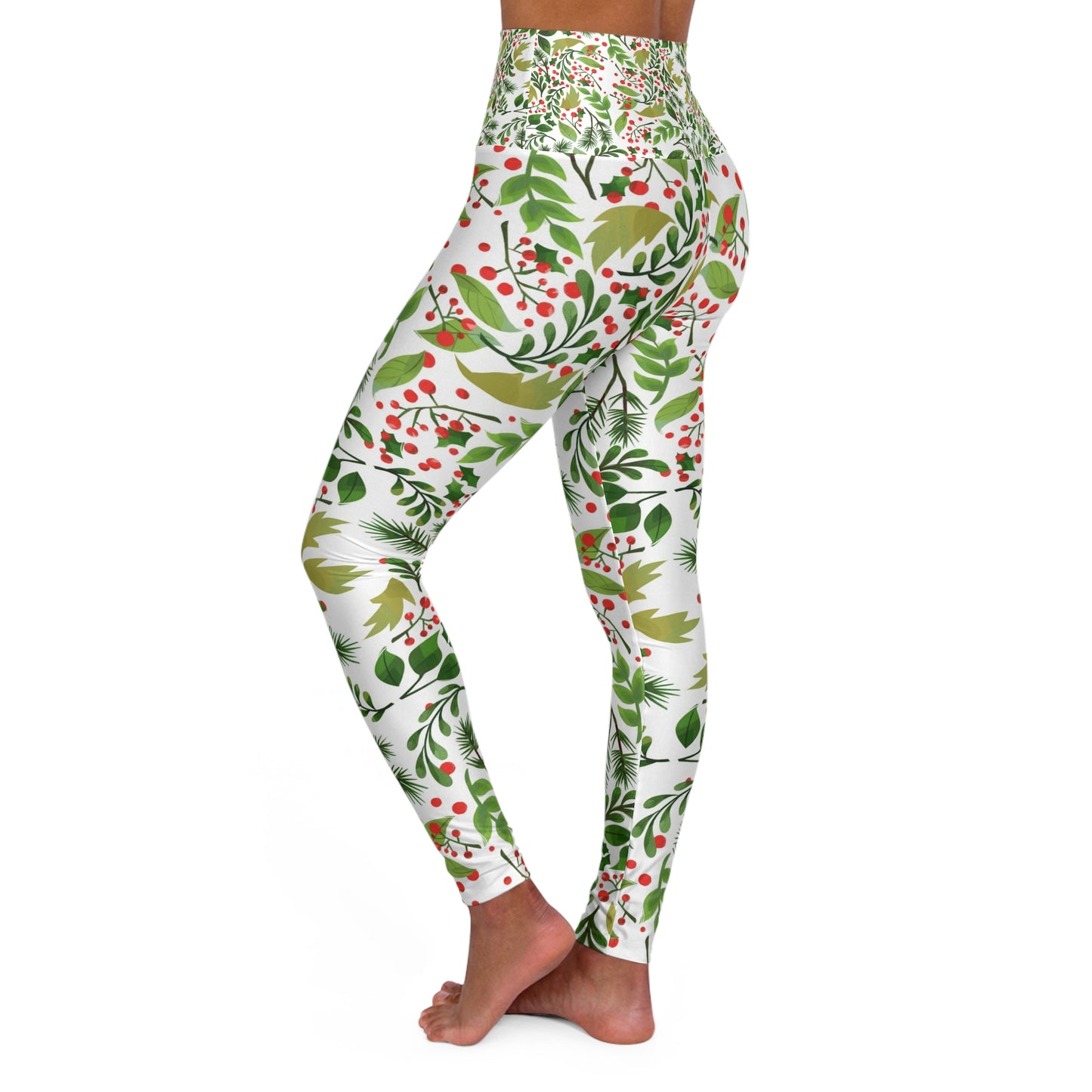 Festive High Waisted Yoga Leggings - Holiday Floral Print