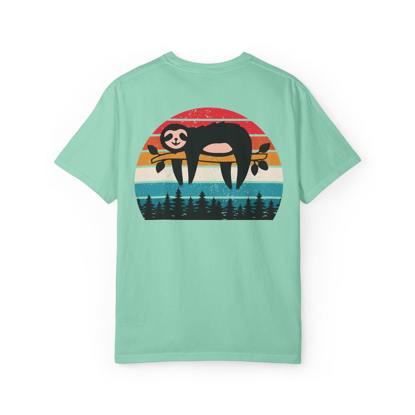 Chill Vibes Unisex Garment-Dyed T-Shirt - Retro Sloth & Sunset Design
