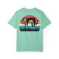 Chill Vibes Unisex Garment-Dyed T-Shirt - Retro Sloth & Sunset Design