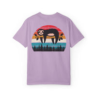 Chill Vibes Unisex Garment-Dyed T-Shirt - Retro Sloth & Sunset Design