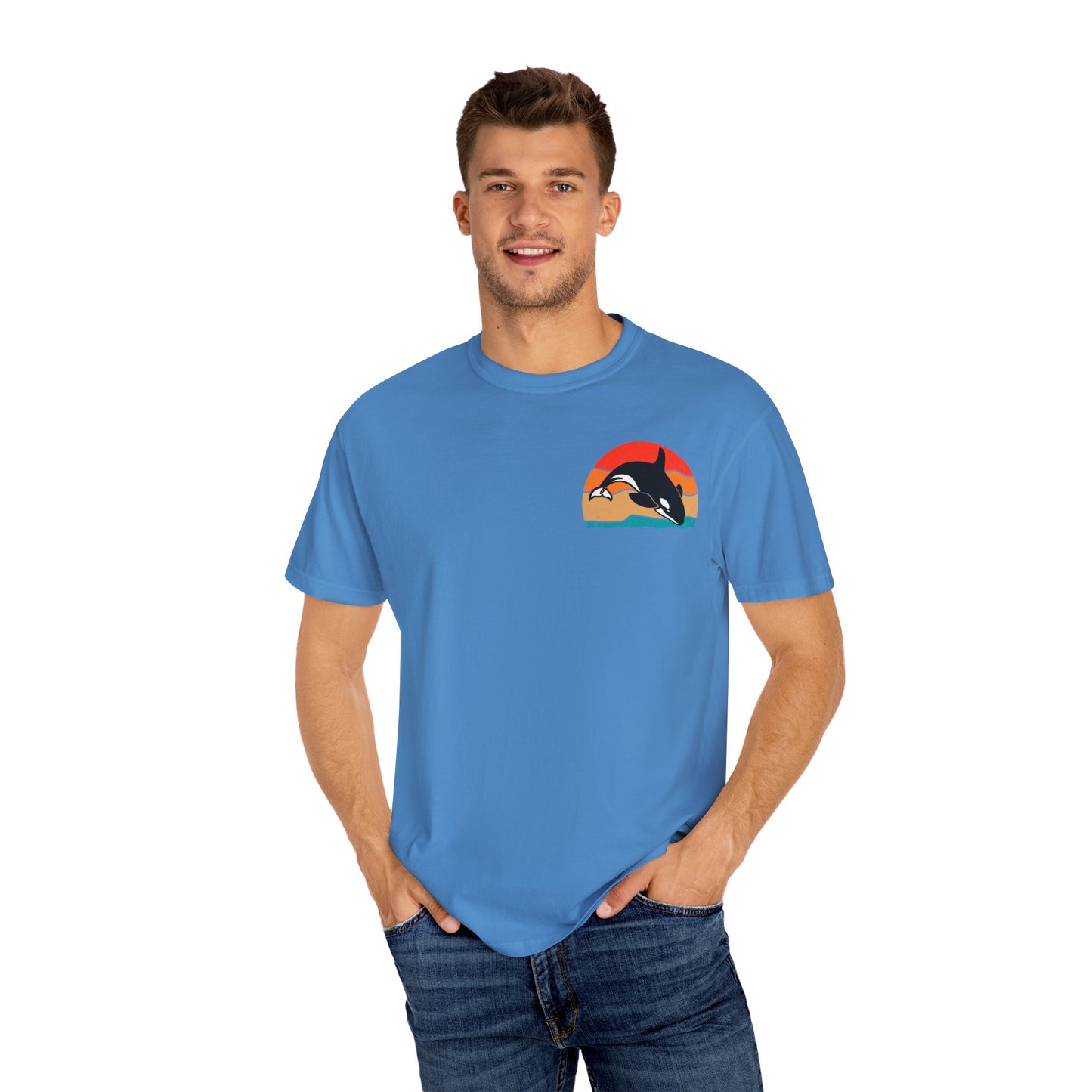 Ocean Sunset Orca Unisex T-Shirt - Relaxed, Vibrant Beach Vibes