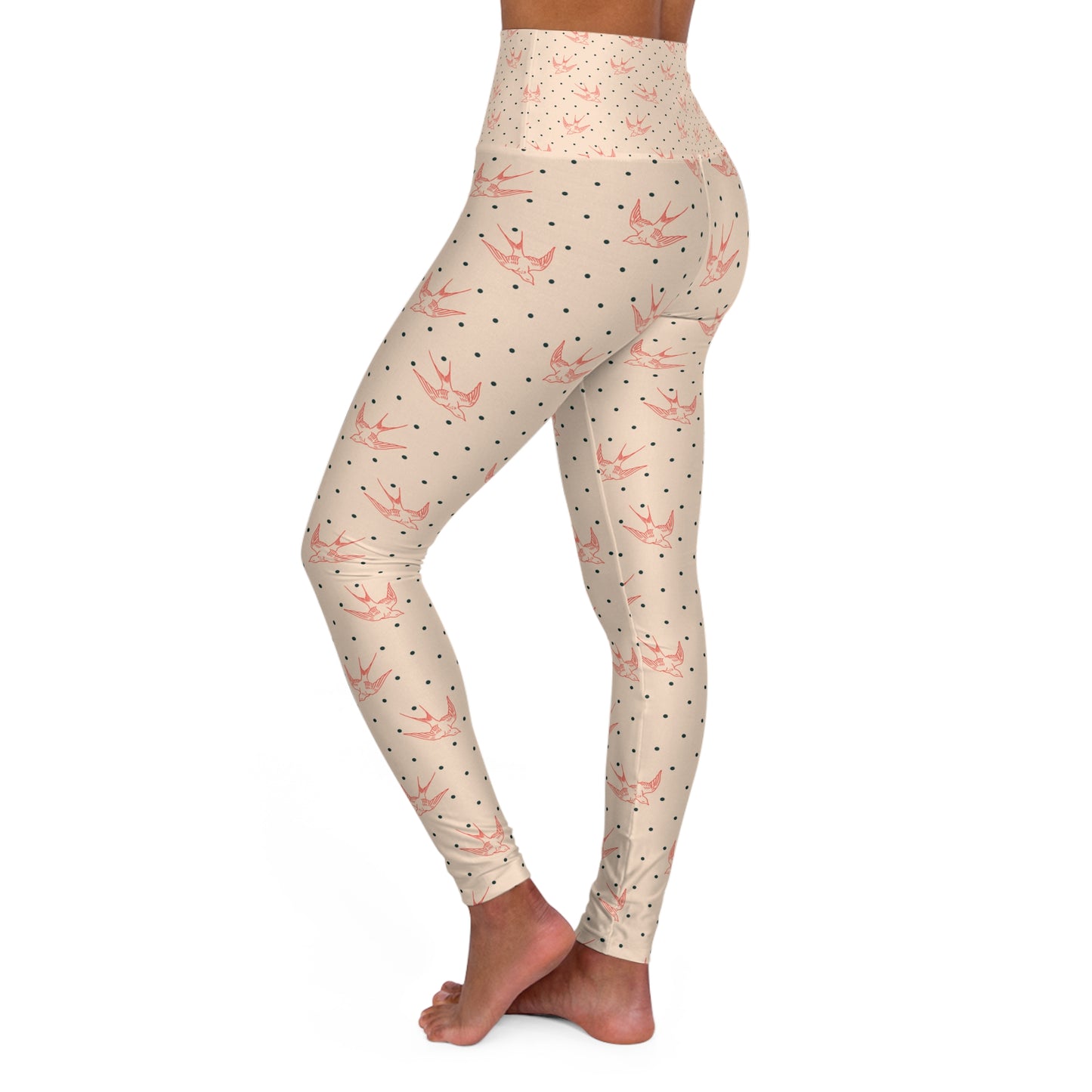 High Waisted Yoga Leggings with Elegant Swallow Print
