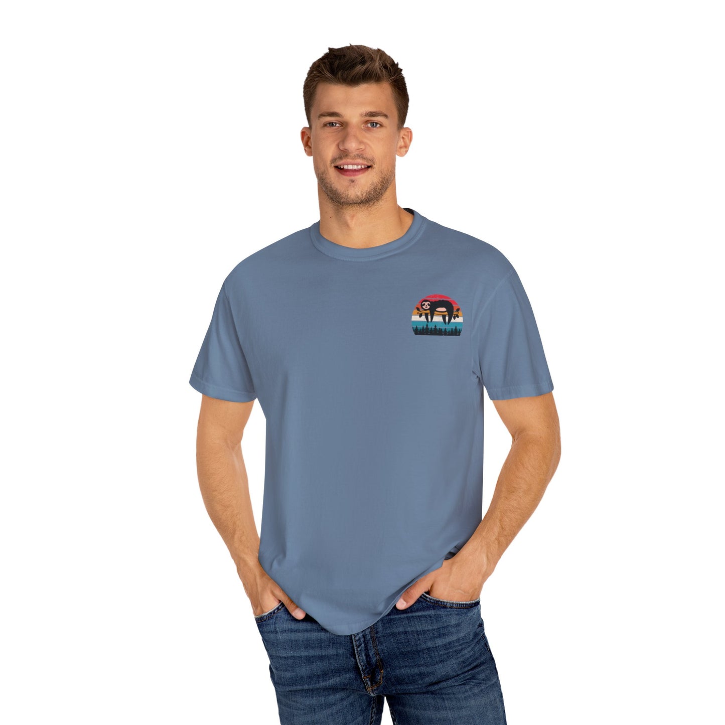 Chill Vibes Unisex Garment-Dyed T-Shirt - Retro Sloth & Sunset Design