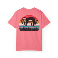 Chill Vibes Unisex Garment-Dyed T-Shirt - Retro Sloth & Sunset Design