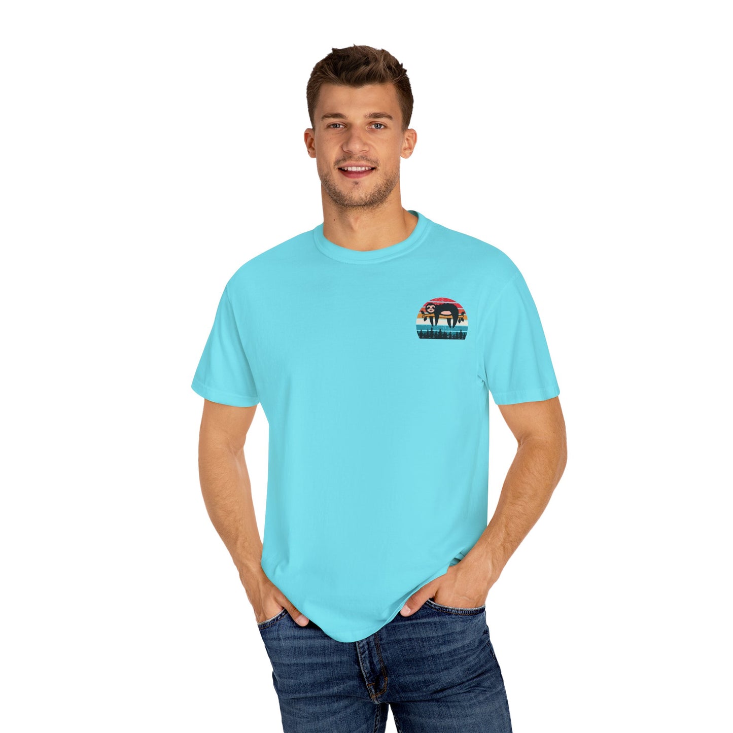 Chill Vibes Unisex Garment-Dyed T-Shirt - Retro Sloth & Sunset Design
