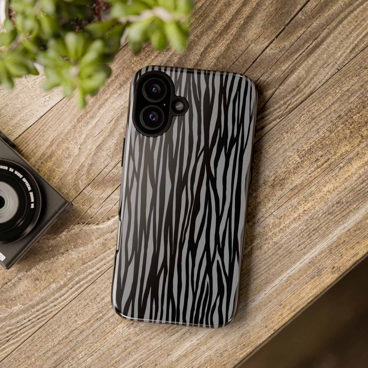 Stylish Tough Phone Case - Black and Gray Striped Design