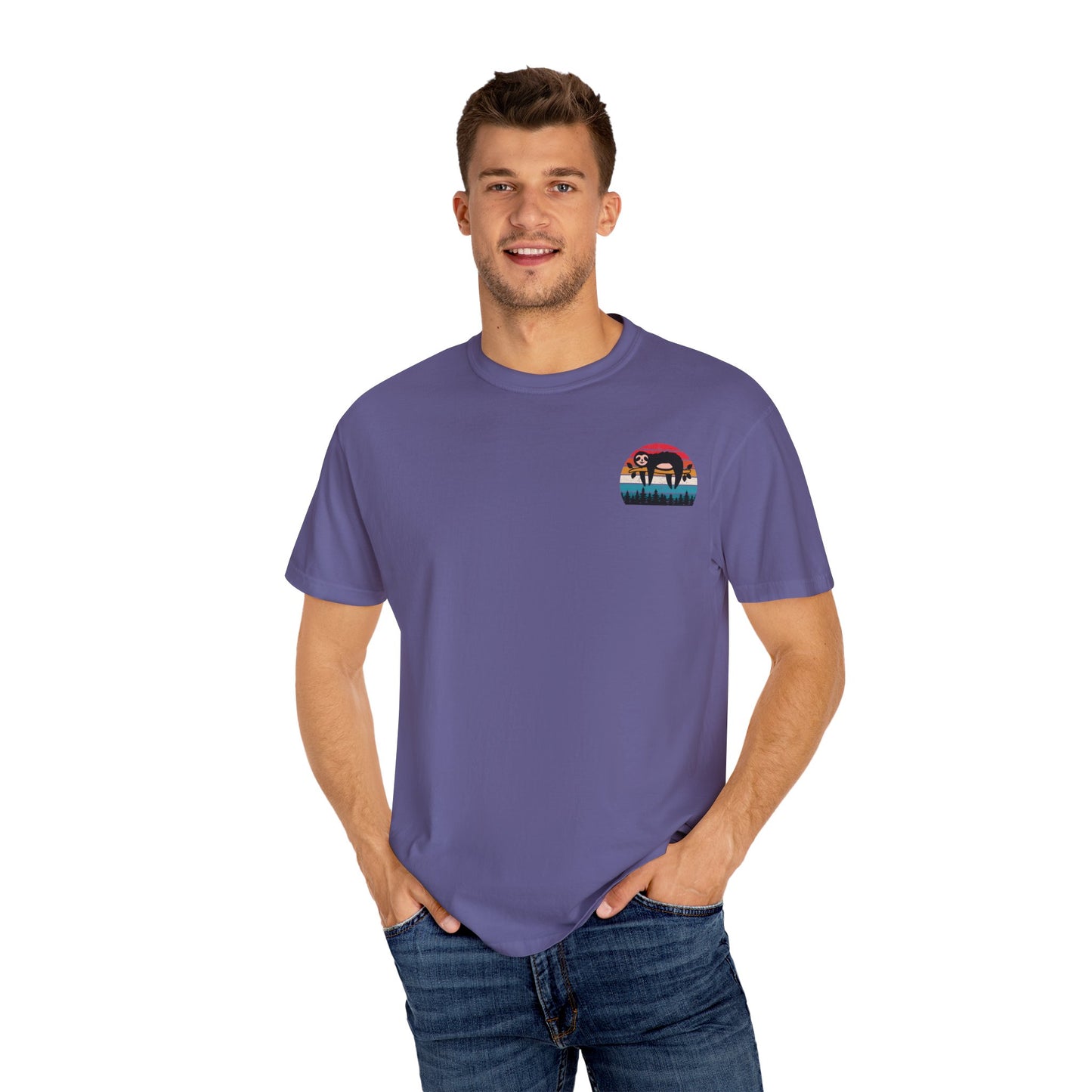 Chill Vibes Unisex Garment-Dyed T-Shirt - Retro Sloth & Sunset Design