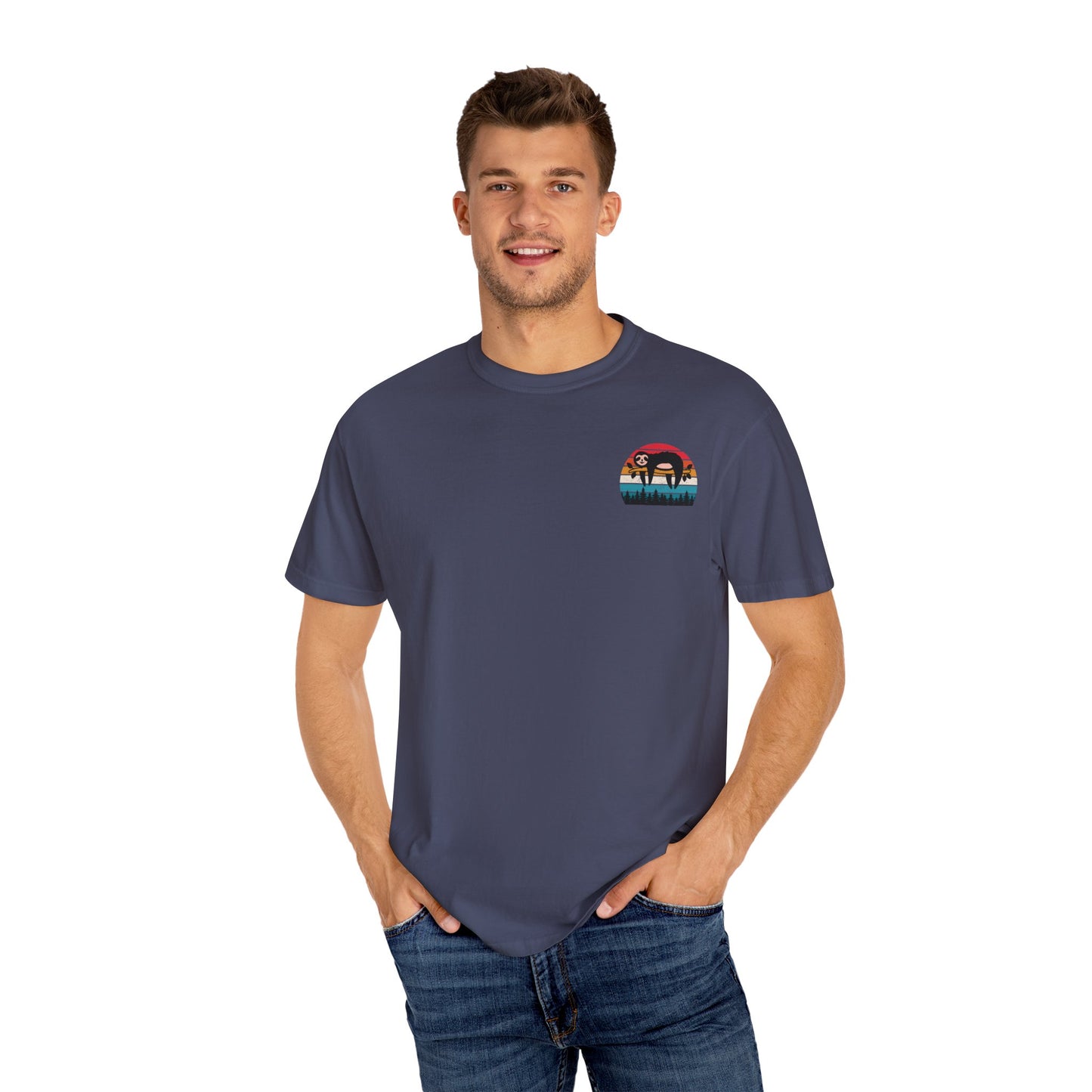 Chill Vibes Unisex Garment-Dyed T-Shirt - Retro Sloth & Sunset Design