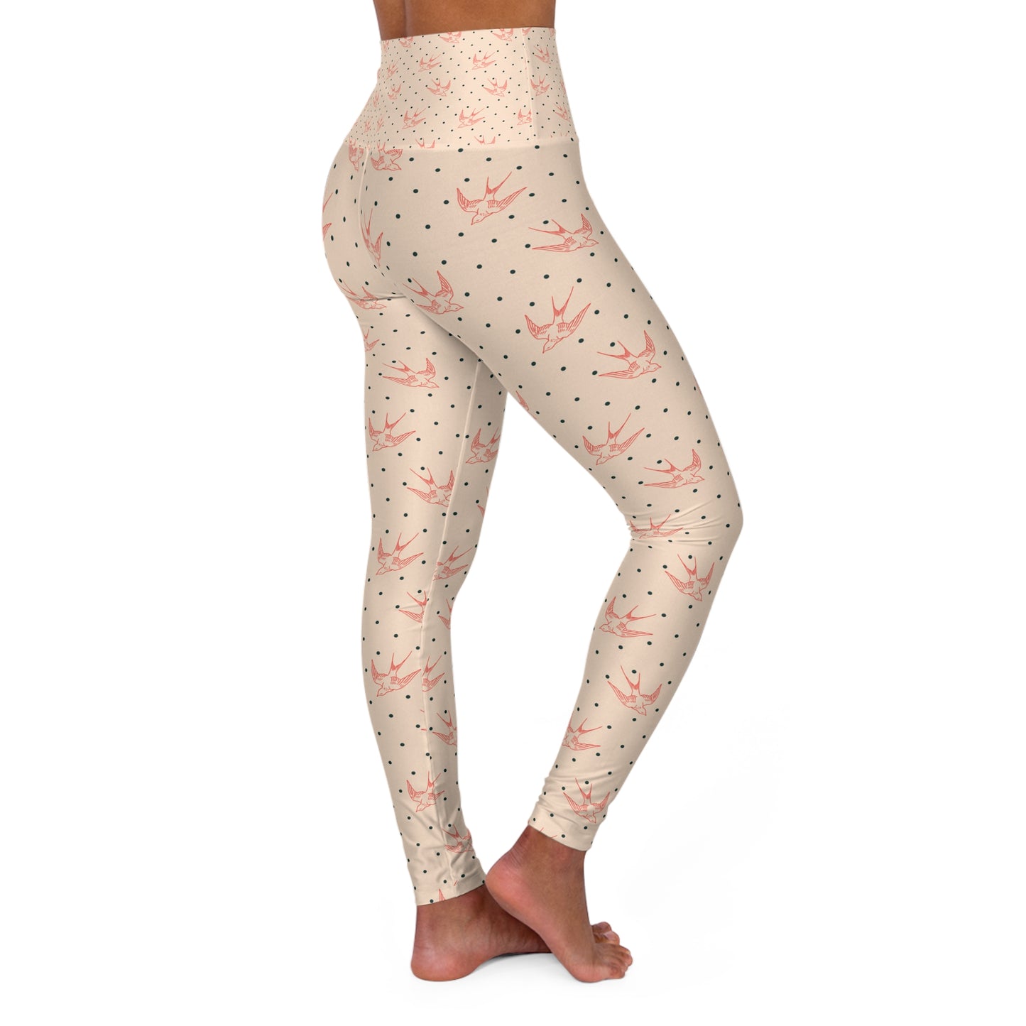 High Waisted Yoga Leggings with Elegant Swallow Print