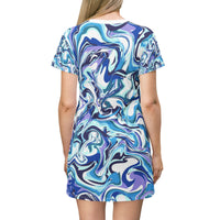 Fluid Art T-Shirt Dress - Colorful Wave Design, Casual Summer Outfit, Beach Day Wear, Gift for Her, Unique Fashion Piece
