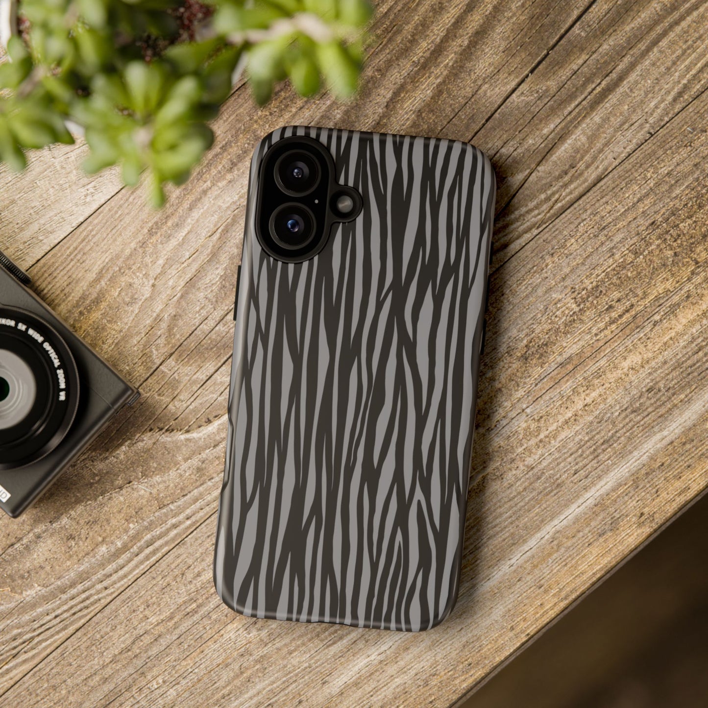 Stylish Tough Phone Case - Black and Gray Striped Design