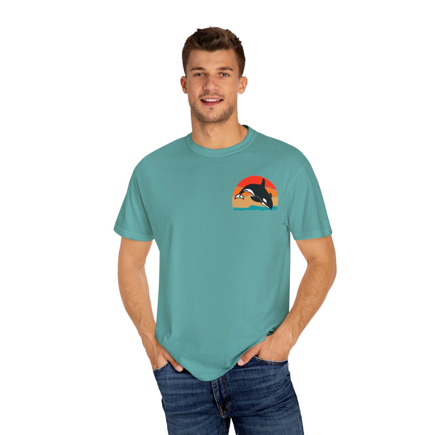 Ocean Sunset Orca Unisex T-Shirt - Relaxed, Vibrant Beach Vibes