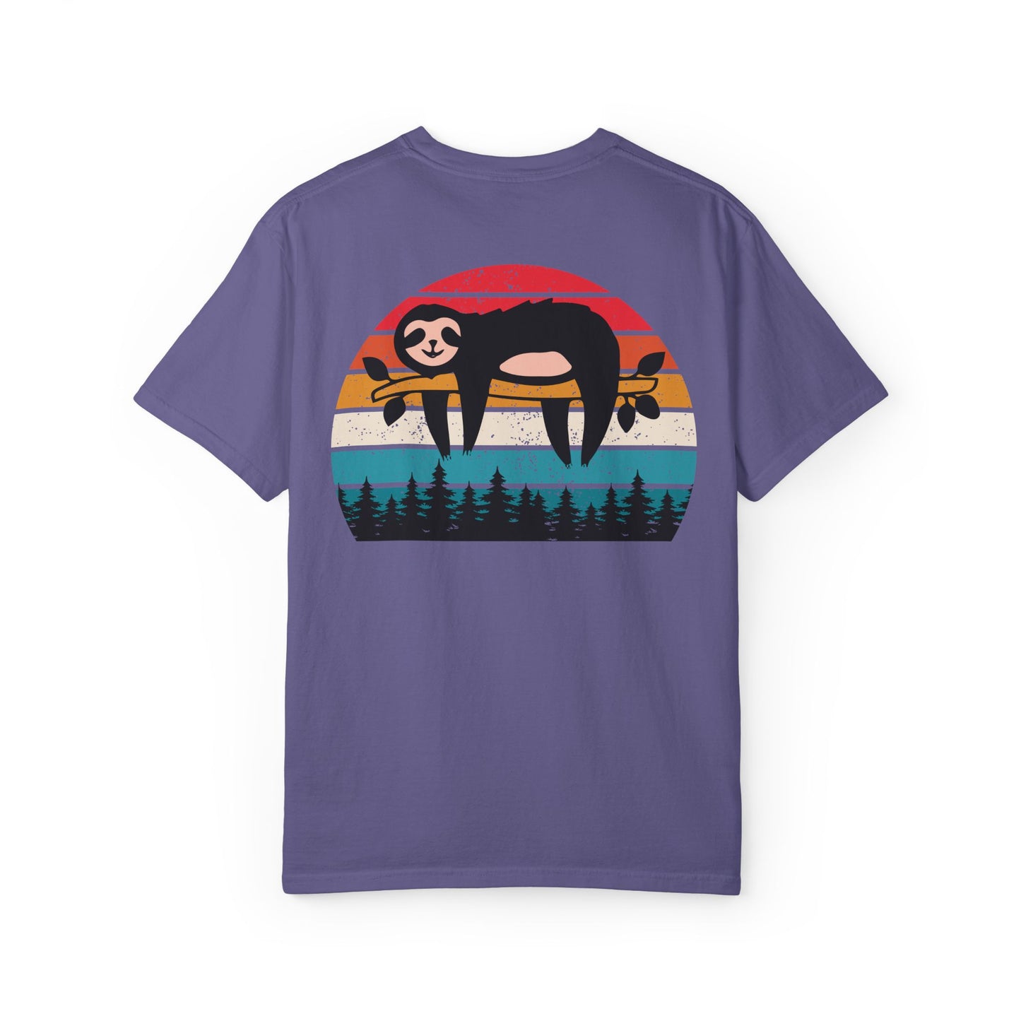 Chill Vibes Unisex Garment-Dyed T-Shirt - Retro Sloth & Sunset Design