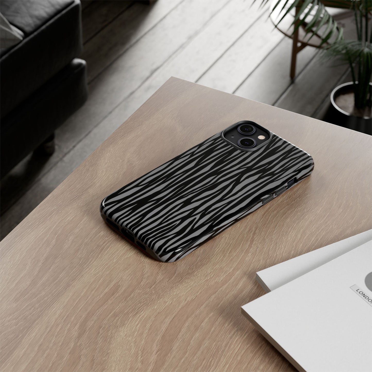 Stylish Tough Phone Case - Black and Gray Striped Design