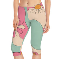 Retro Floral Women&#039;s Capri Leggings, Vintage Style Workout Pants, Summer Activewear, Festival Yoga Tights, Women&#039;s